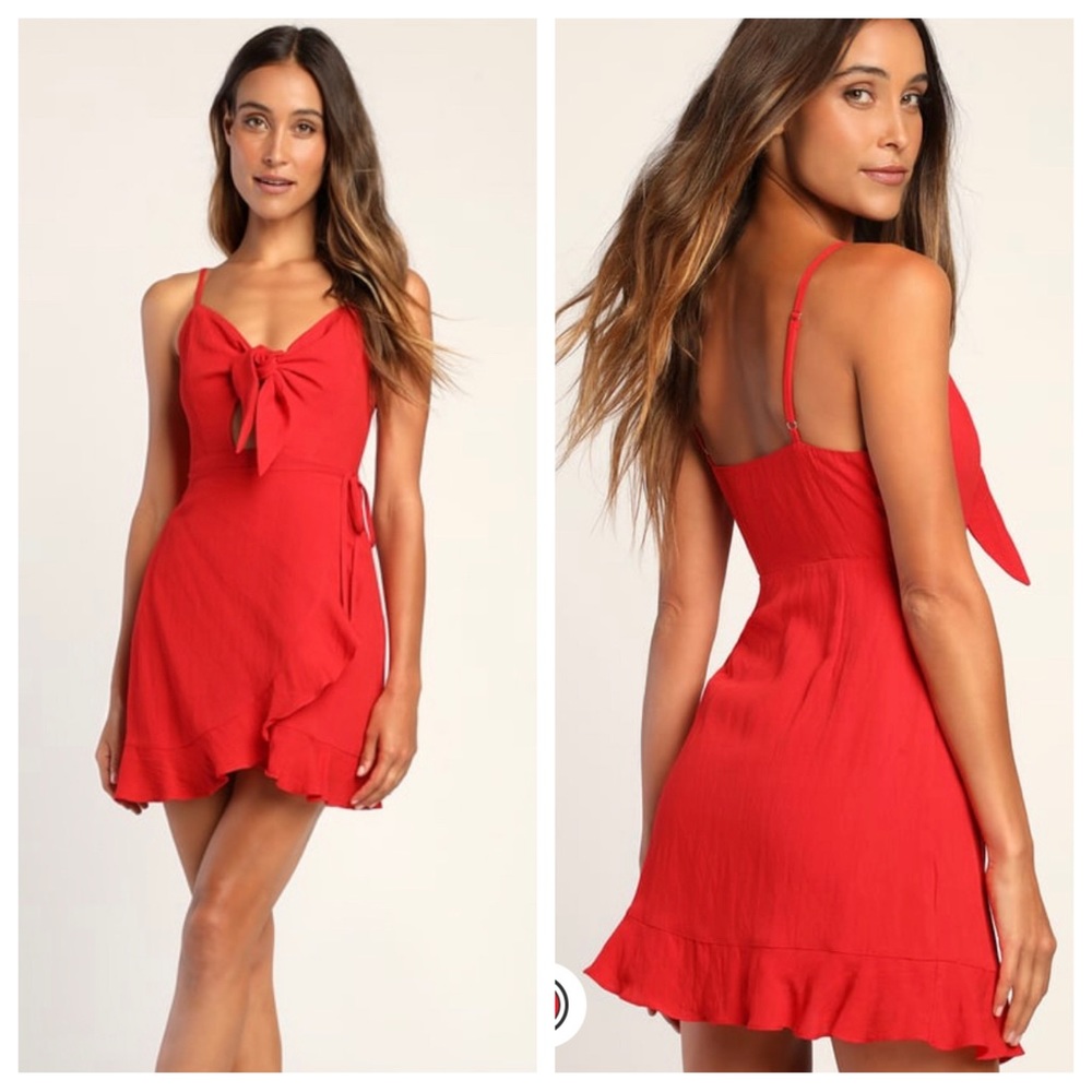 🆕 Lulu’s “Total Sun Sation” Red Ruffled Tie-Front Faux Wrap Mini Sundress